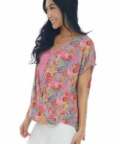 Staccato Watermelon Floral Print Surplice Blouse