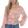 Peach Love Watermelon Floral Print Surplice Peplum Blouse