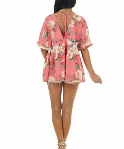 Entro Watermelon Floral Print V Neck Babydoll Top