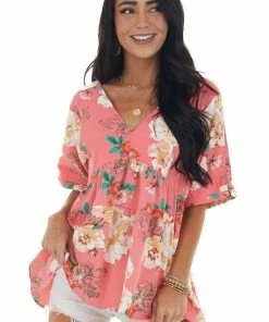Entro Watermelon Floral Print V Neck Babydoll Top