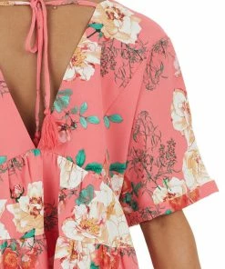 Entro Watermelon Floral Print V Neck Babydoll Top
