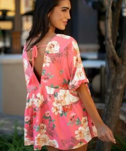 Entro Watermelon Floral Print V Neck Babydoll Top