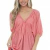 Lovely J Watermelon Pink Loose Fit Babydoll Top Tops