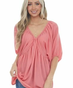 Lovely J Watermelon Pink Loose Fit Babydoll Top Tops