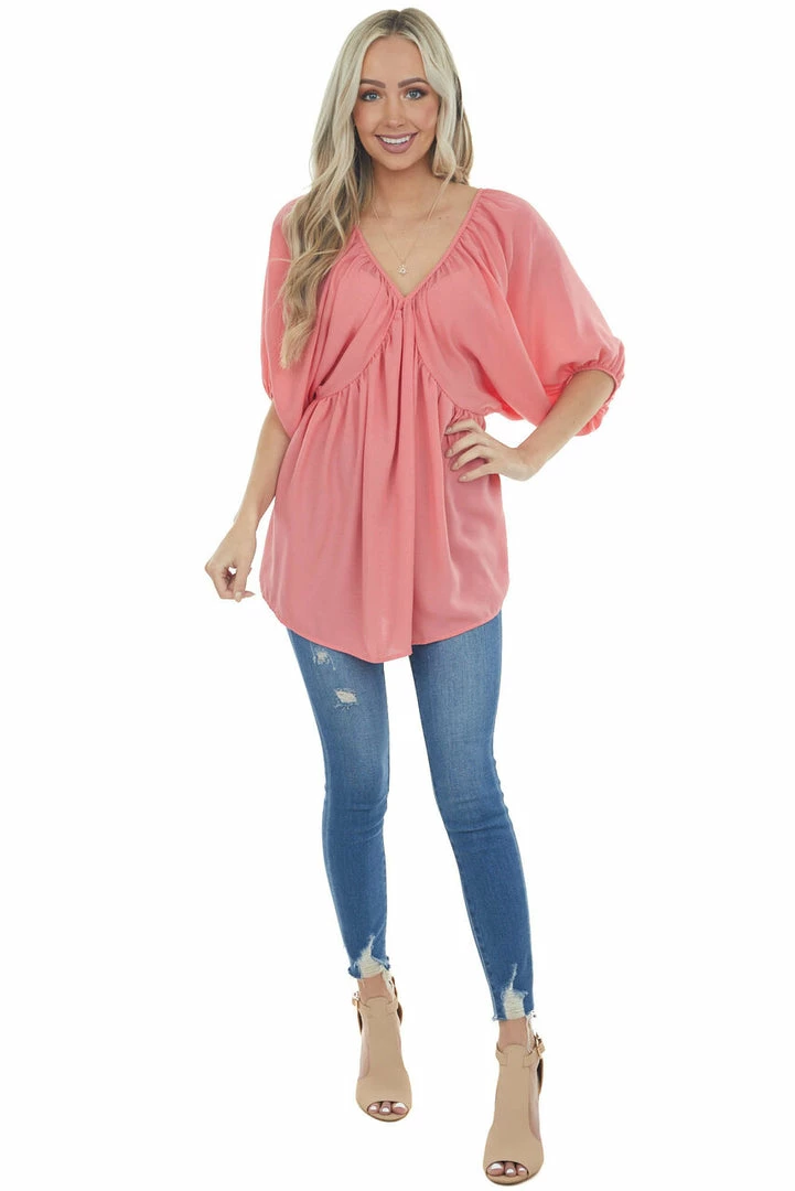 Lovely J Watermelon Pink Loose Fit Babydoll Top Tops 5 Lovely J Watermelon Pink Loose Fit Babydoll Top Tops