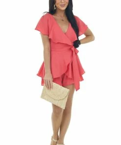 Do + Be Dresses Watermelon Surplice Ruffle Open Back Romper