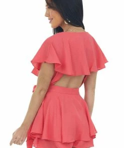 Do + Be Dresses Watermelon Surplice Ruffle Open Back Romper