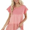 BiBi Watermelon Two Tone Colorblock Short Ruffle Sleeve Top