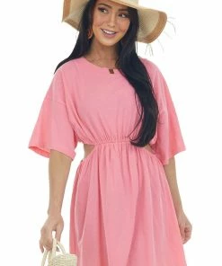 Umgee Watermelon Waist Cut Out Short Sleeve Knit Dress Dresses