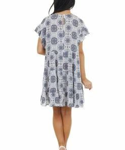 ROKOKO White And Navy Abstract Print Babydoll Dress With Ruffles