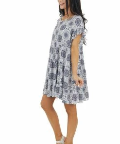 ROKOKO White And Navy Abstract Print Babydoll Dress With Ruffles