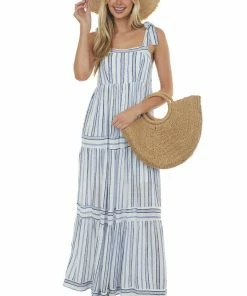 Staccato White And Royal Blue Striped Tiered Maxi Dress