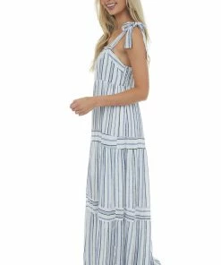 Staccato White And Royal Blue Striped Tiered Maxi Dress