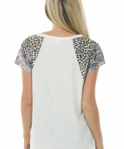 BiBi White Distressed Animal Print Sleeve Top Tops