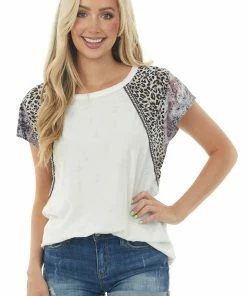 BiBi White Distressed Animal Print Sleeve Top Tops
