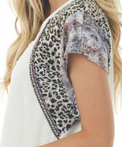 BiBi White Distressed Animal Print Sleeve Top Tops