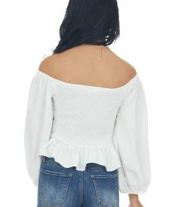 Entro Tops White Draped Criss Cross Cropped Peplum Blouse