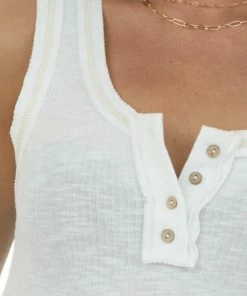 La Miel White Exposed Seam Ribbed Henley Tank Top 13 La Miel White Exposed Seam Ribbed Henley Tank Top