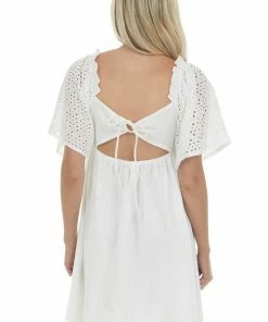 Umgee White Eyelet Lace Sleeve Smocked Babydoll Dress