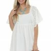 Umgee White Eyelet Lace Sleeve Smocked Babydoll Dress