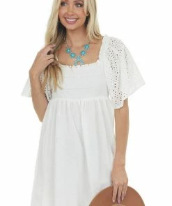 Umgee White Eyelet Lace Sleeve Smocked Babydoll Dress
