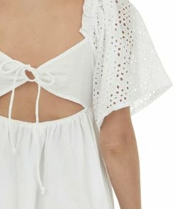 Umgee White Eyelet Lace Sleeve Smocked Babydoll Dress