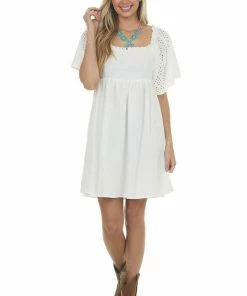 Umgee White Eyelet Lace Sleeve Smocked Babydoll Dress