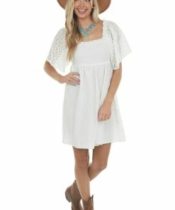 Umgee White Eyelet Lace Sleeve Smocked Babydoll Dress