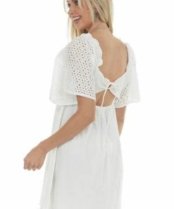 Umgee White Eyelet Lace Sleeve Smocked Babydoll Dress