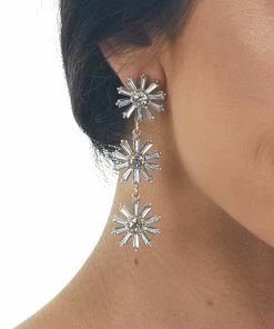 Fame Accessories White Floral Rhinestone Dangle Earrings
