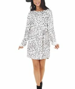 Shiying Fashion Dresses White Leopard Print Long Sleeve Mini Dress With Solid Cuff