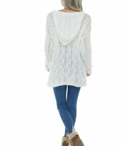 Miss Sparkling White Loose Cable Knit Hooded Sweater Tops