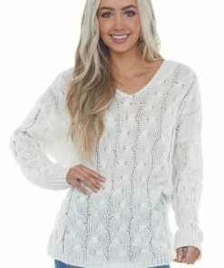 Miss Sparkling White Loose Cable Knit Hooded Sweater Tops