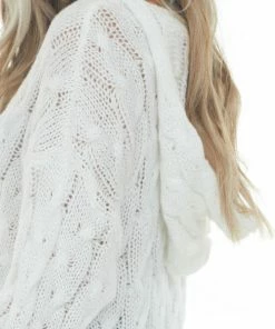 Miss Sparkling White Loose Cable Knit Hooded Sweater Tops