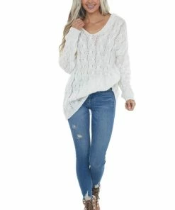 Miss Sparkling White Loose Cable Knit Hooded Sweater Tops