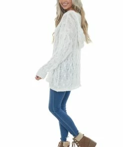 Miss Sparkling White Loose Cable Knit Hooded Sweater Tops