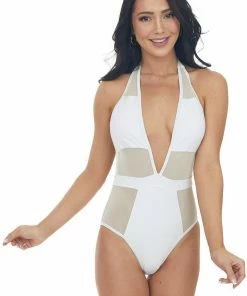 Stylish Swimwear White Mesh Plunging Halter Neck Swimsuit Accessories