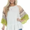 Davi & Dani White Multiprint Ruffled Hem Waffle Knit Top