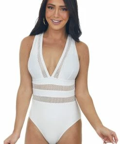 Davi & Dani White Open Knit Plunging Neckline Swimsuit Accessories