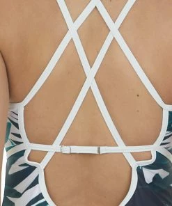 Davi & Dani White Palm Print Plunging Neckline Strappy Swimsuit