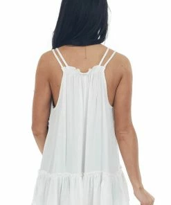 Umgee Tops White Ruffle Hem Double Strap V Neck Tank Top