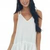 Umgee Tops White Ruffle Hem Double Strap V Neck Tank Top 1 Umgee Tops White Ruffle Hem Double Strap V Neck Tank Top