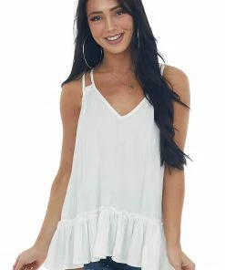 Umgee Tops White Ruffle Hem Double Strap V Neck Tank Top