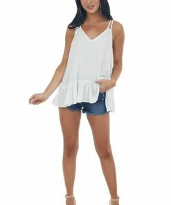 Umgee Tops White Ruffle Hem Double Strap V Neck Tank Top