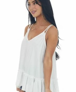 Umgee Tops White Ruffle Hem Double Strap V Neck Tank Top