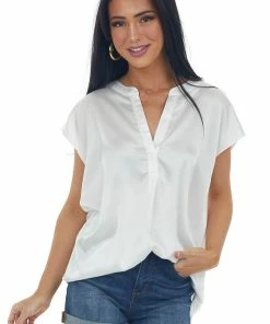 Jodifl Tops White Short Sleeve Notch Neckline Satin Blouse 12 Jodifl Tops White Short Sleeve Notch Neckline Satin Blouse