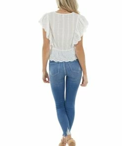 Davi & Dani White Short Sleeve Top With Buttons And Floral Eyelet Lace Tops