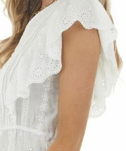 Davi & Dani White Short Sleeve Top With Buttons And Floral Eyelet Lace Tops