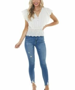 Davi & Dani White Short Sleeve Top With Buttons And Floral Eyelet Lace Tops