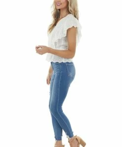 Davi & Dani White Short Sleeve Top With Buttons And Floral Eyelet Lace Tops